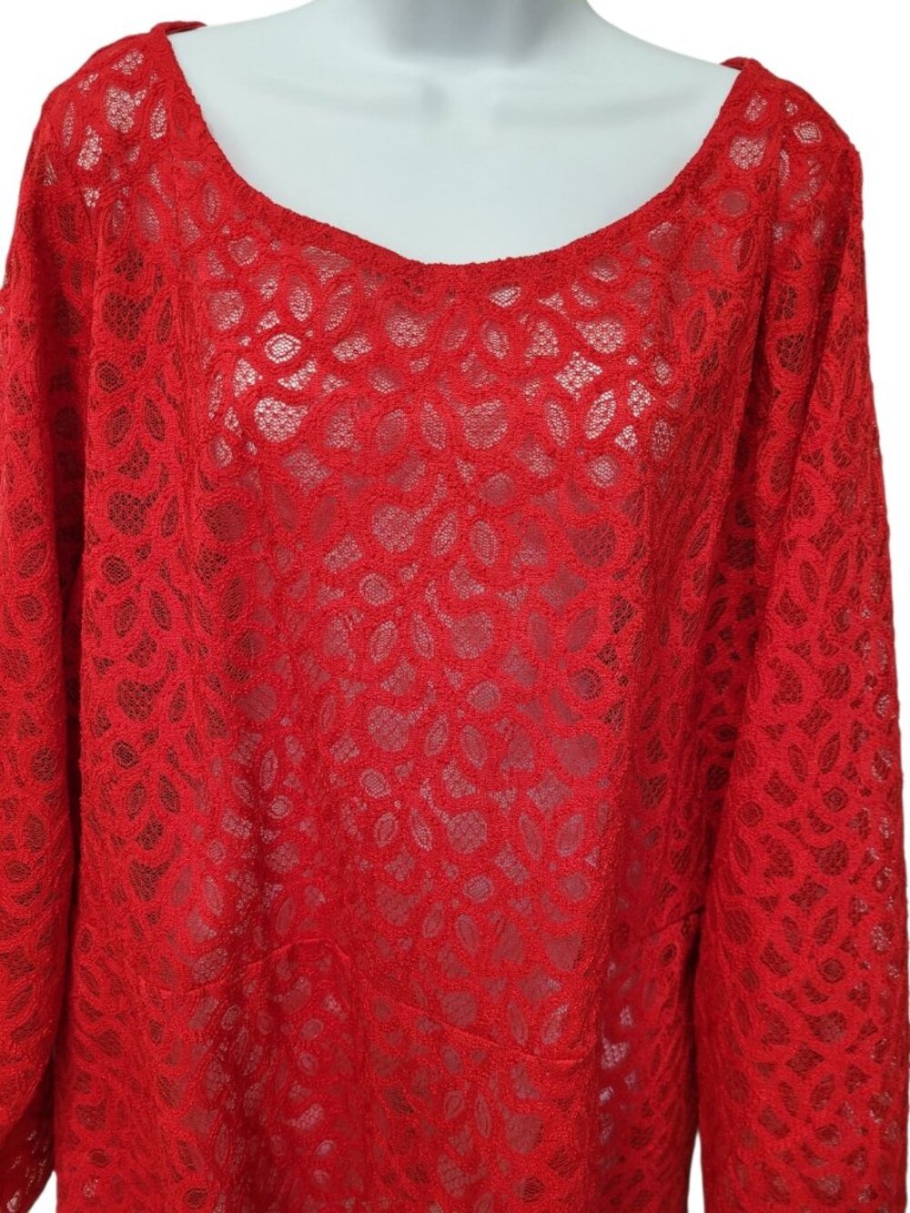 Lane Bryant Blouse Size 24 Crew Neck Lace Peplum Top Red Long Sleeve‎ Semi Sheer